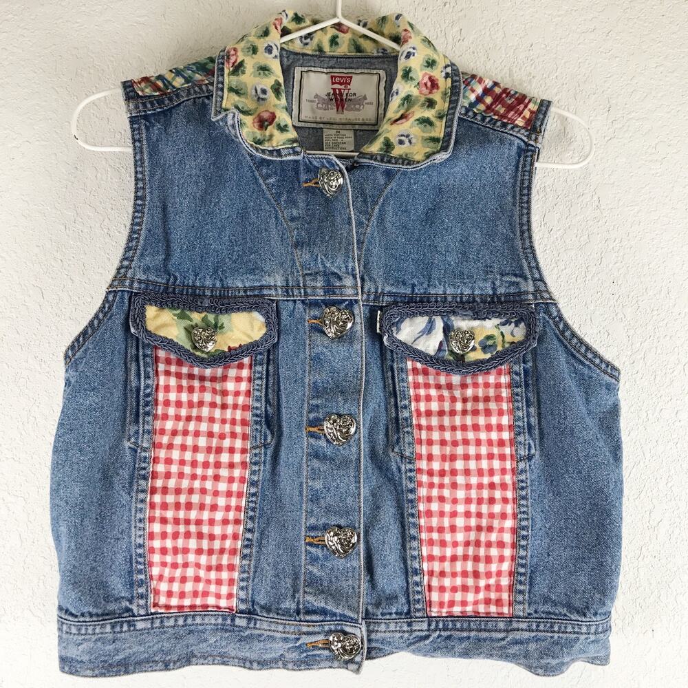 Vintage 90s Levi's Women's Denim Jean Vest Cropped Upcycled Floral Gingham M